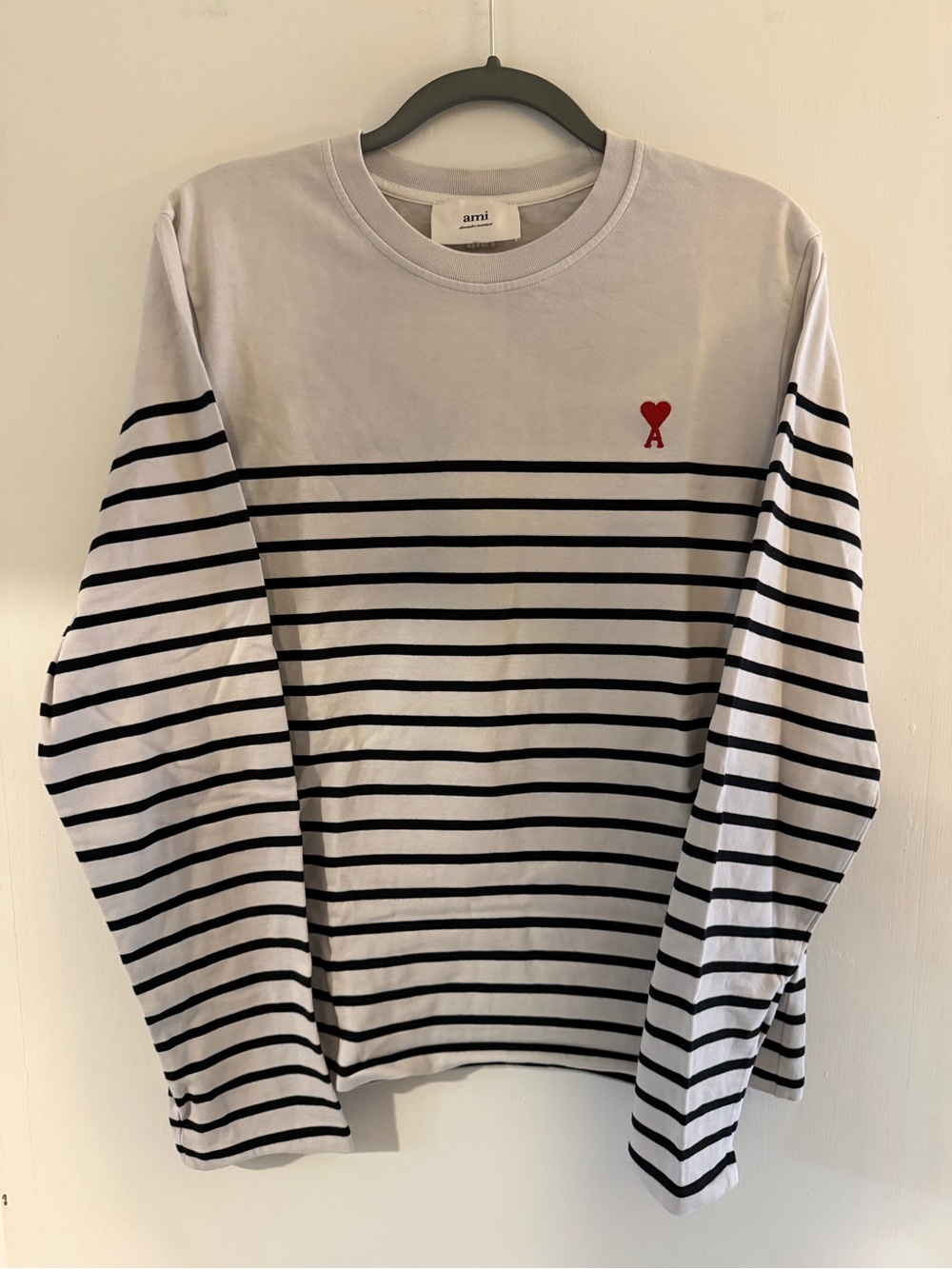 Ami White & Black Striped Long-Sleeve Shirt with Red Heart Logo
